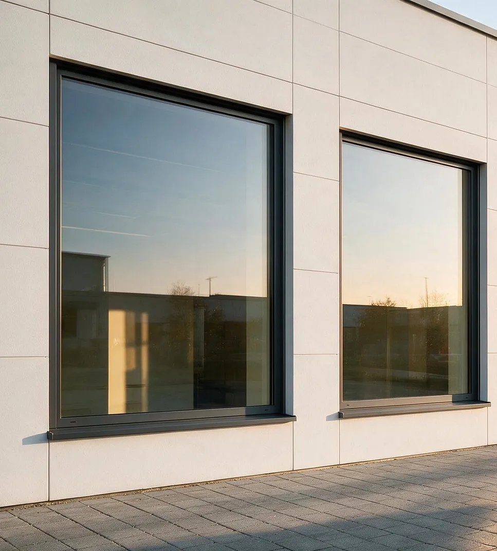 Duże okna w antracytowych profilach aluminiowych w jasnej elewacji hali przemysłowej o zachodzie słońca — EASY OPEN